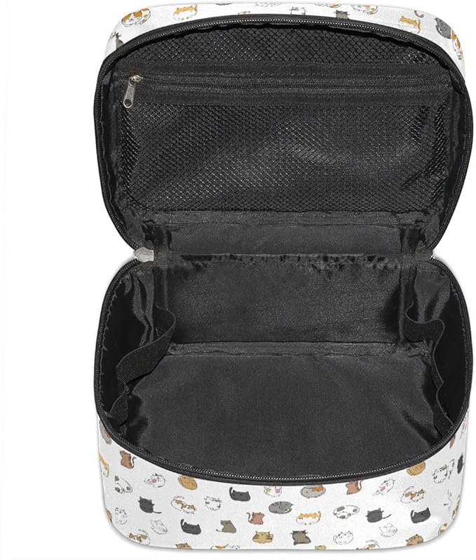 Large Makeup Bag Travel Cosmetic Bags for Women White Cute Colorful Animal Cat Makeup Organizer Case Toiletry Bag for Girls Traveling Wide Open Portable Pouch with Handle