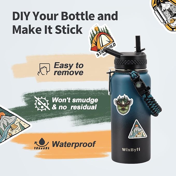 32 oz Insulated Water Bottle with Straw (Cold for 48 Hrs), Stainless Steel Triple Wall Vacuum Sports Water Jug, Leakproof Hydro Cup Flask with Paracord Handle & Straw Spout Lids & DIY Stickers