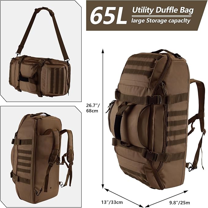 65L Large Duffle Bag, 3-in-1 Tactical Backpack MOLLE Pack for Sports, Gym, Outdoor, Dark Brown