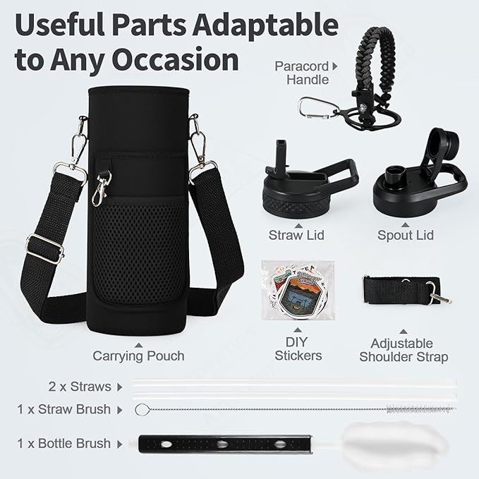 40 oz Insulated Water Bottle with Straw (Cold for 48 Hrs), Stainless Steel Triple Wall Vacuum Sports Water Jug, Leakproof Hydro Cup Flask with Paracord Handle & Straw Spout Lids & DIY Stickers