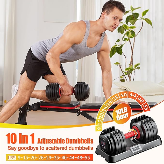 Adjustable Dumbbell Set 25/55/90LBS,10 in 1 Free Weights Dumbbell with Anti-Slip Texture Handle,1 Sec Speed Adjustment Men/Women Gym and Home Strength Training Equipment.