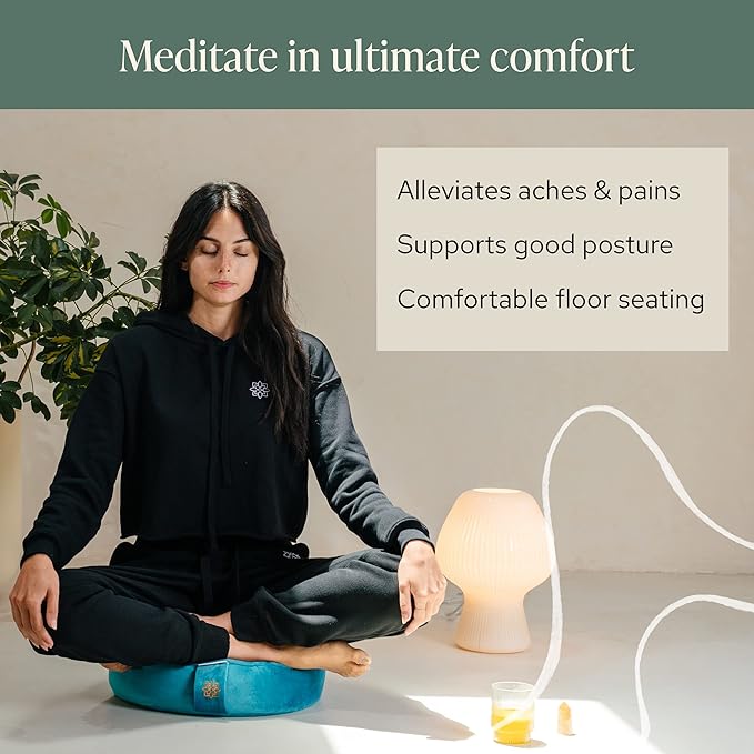 Mindful & Modern Velvet Meditation Cushion | Luxe Zafu Yoga Floor Pillow Seat | Posture Support | Buckwheat Hull Filled | Large Round Cushion with Removable Washable Cover + Carry Handle | Color Teal