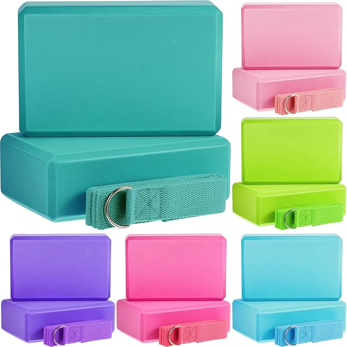 Meooeck 18 Pcs Yoga Block and Strap Set 9 x 6 x 3 Inch EVA Foam Non Slip Brick 8 ft Yoga Straps for Stretching D Ring Design for Back to School Pilates Fitness Workout Exercise