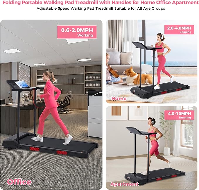 Foldable Folding Walking Pads Treadmills for Home with Handles, 3.5HP Electric Walking Pad Treadmill with Handle Bar, 0.6-10MPH Compact Portable Home Small Treadmills for Small Spaces, 400LBS