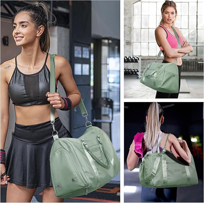 FIORETTO Womens Gym Tote Duffle Bag with Wet Pocket & Shoe Compartment, Sports Duffel Overnight Weekender Hospital Workout Carry on Bag for Girls, Ideal for Travel, Swimming, Dance, Ballet Celadon