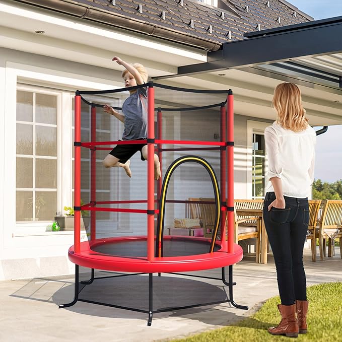 GYMAX Toddler Trampoline, 55” Trampoline for Kids with Bottom-to-Top All-Round Enclosure Net & Seamless Jumping Mat, ASTM Approved Easy Assembly Kids Mini Trampolines Indoor/Outdoor