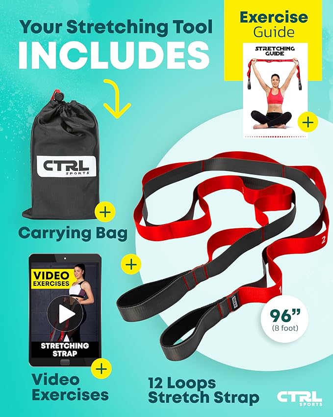 Stretching Strap with Loops - Non Elastic Stretch Band for Physical Therapy, Yoga Strap for Stretching Equipment, Stretch Bands for Exercise and Flexibility - Fascia, Hamstring & Leg Stretcher Belt