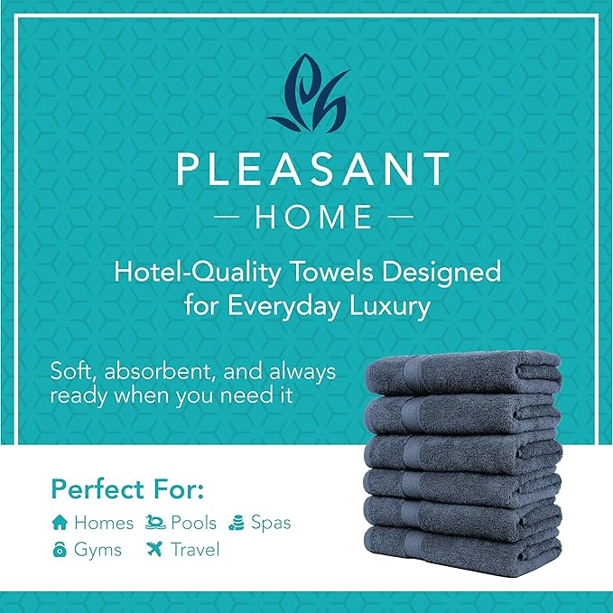 Pleasant Home Bath Towels Set of 6 (24” x 50”) 100% Cotton, 515 GSM | Lightweight, Soft & Absorbent Luxury Towels for Bathroom | for Gym, Pool & Spa | 6 Pack, Navy