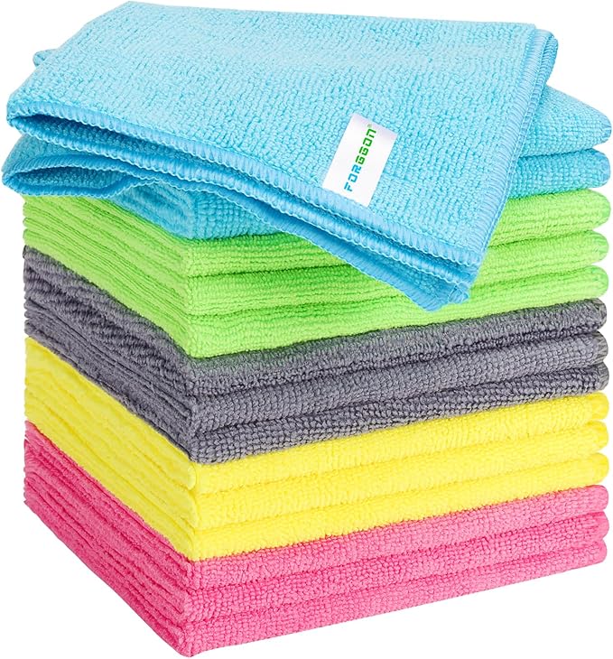 Microfiber Cleaning Cloth, Pack of 15, Lint Free, Absorbent, Streak Free, Non-Abrasive, Reusable and Washable,Cleaning Towels with 5 Color Assorted,11.5"X11.5"(Green/Blue/Yellow/Pink/Grey)