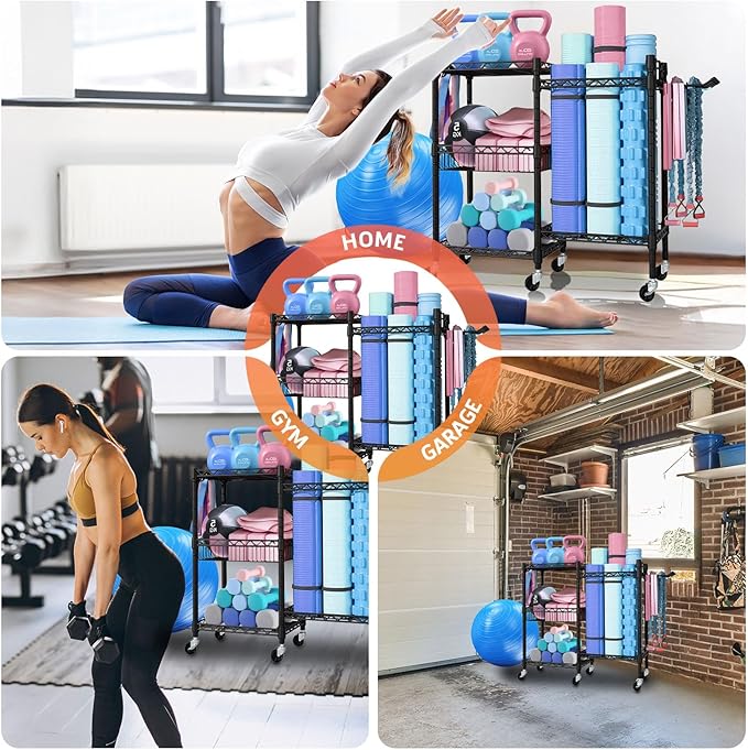 Dumbbell Rack, 3 Tier Adjustable Workout Equipment Storage with Locking Wheels & 4 Hooks, Home Gym Storage for Yoga Mat, Foam Roller, Dumbbell, Kettlebell, Fitness Ball and Resistance Band