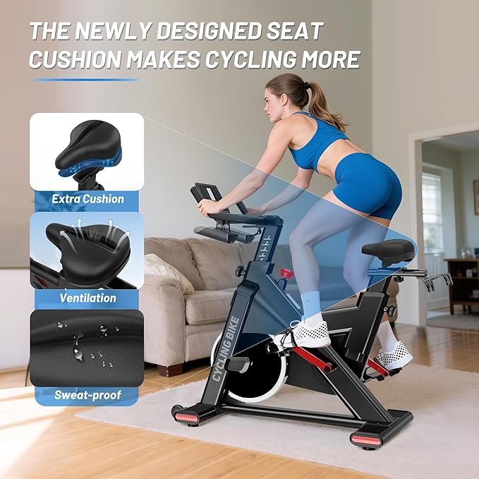 Exercise Bike, Stationary Bike for Home Cardio with Comfortable Seat Cushion, Adjustable Seat Handle, iPad Holder & 350 lbs Weight Capacity