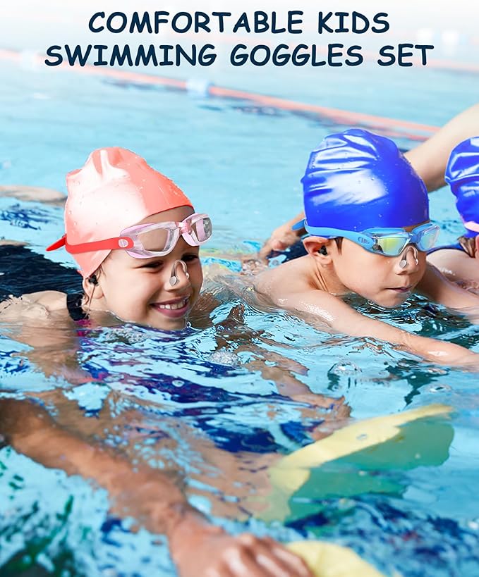 Kids Swim Goggles, Swimming Goggles for Kids Toddlers 3-14 with Swim Cap, Nose Clip, Nose Bridge, Ear Plugs