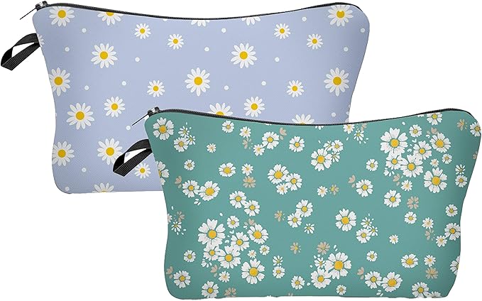 2 Pcs Cosmetic Bag for Women Small Make Up Bag Waterproof Travel Toiletries Pouch with Zipper for Organizing Small Items, Gift Bags for Birthday Christmas(Daisy Flower 2)