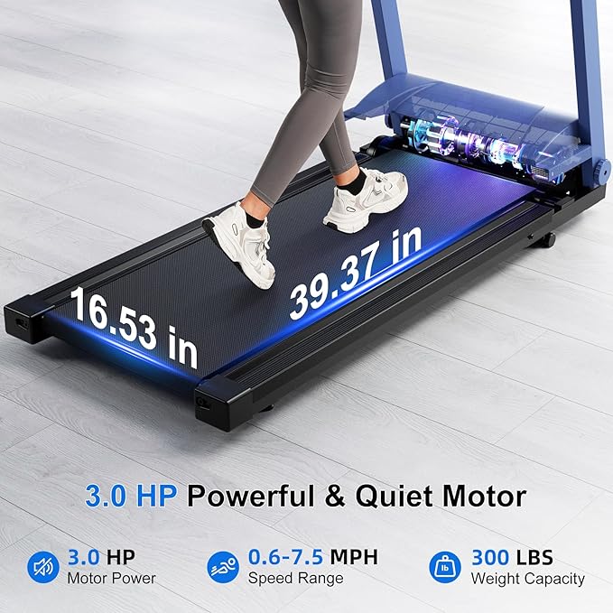 Treadmill with 5% Incline, 300lbs Capacity Folding 15 HP Small Treadmills for Home Portable Running Treadmill with Handles Quiet Brushless Dual Cushion System, Electric Compact Treadmil