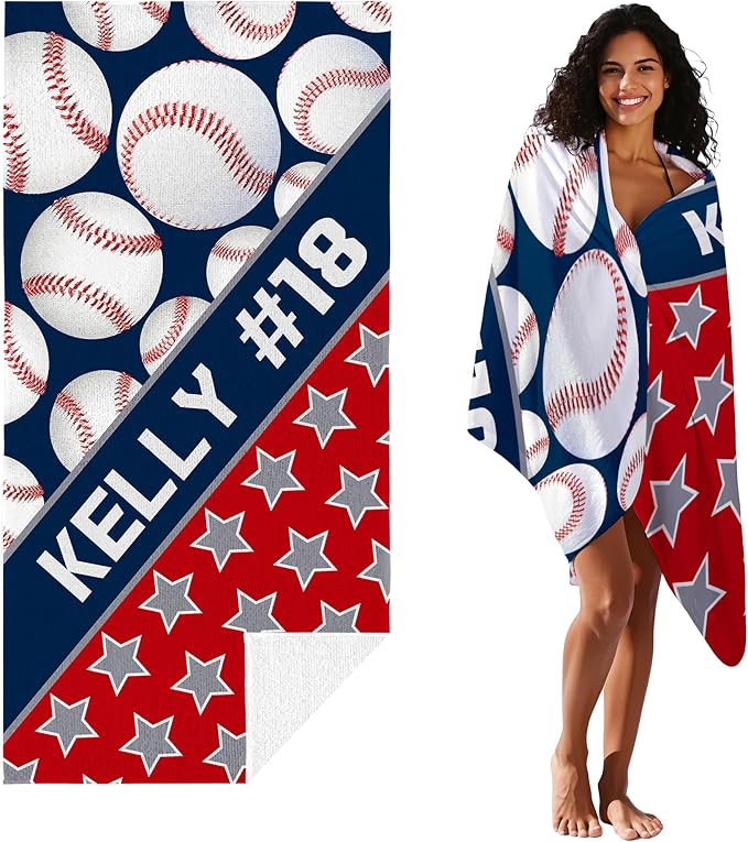 Personalized Beach Towel With Name, Custom Beach Towel with Text, Customized Microfiber Pool Towel, Quick Dry & Absorbent Swim Towel for Adult,Anniversary, Birthday, Summer Holiday,Vacation,Baseball