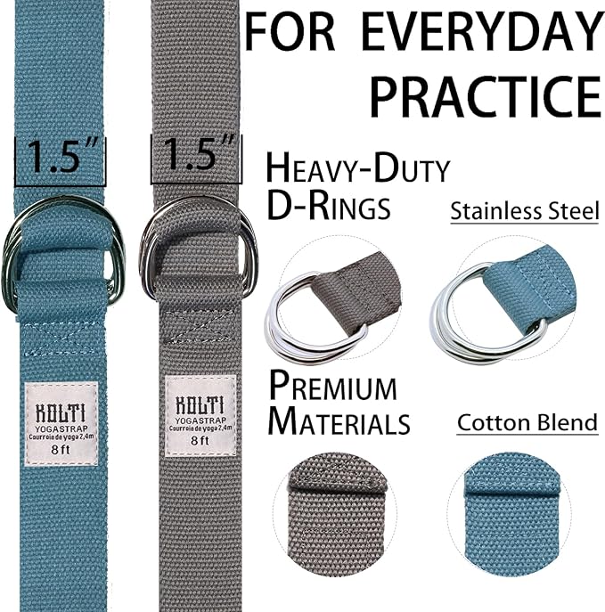 Yoga Exercise Adjustable Straps 8FT with Durable D-Ring for Pilates & Gym Workouts | Hold Poses, Stretch, Improve Flexibility & Maintain Balance