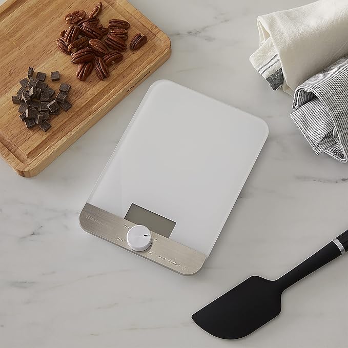 KitchenAid KQ908 Glass Surface 11 Pound Capacity Digital Kitchen and Food Scale, White