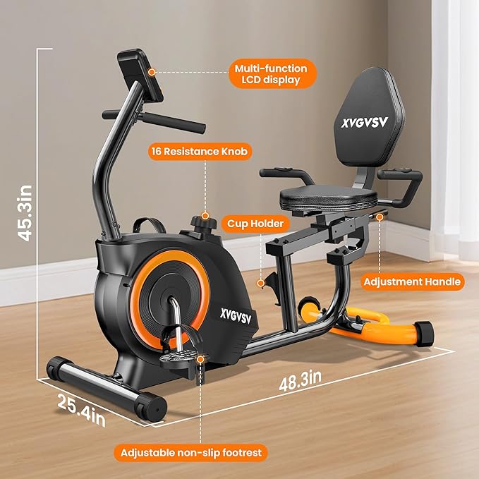Recumbent Exercise Bike for Home Use, Quiet Recumbent Stationary Bikes for Adults & Seniors, 16-Level Resistance, Adjustable Seat, Supports 400LB, Pulse Sensors & LCD Display