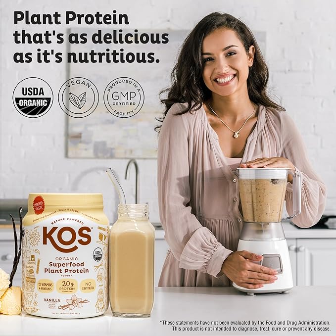 KOS Vegan Protein Powder Erythritol Free, Vanilla - USDA Organic Pea Protein Blend, Plant Based Superfood Rich in Vitamins & Minerals - Keto, Dairy Free - Meal Replacement for Women & Men, 15 Servings