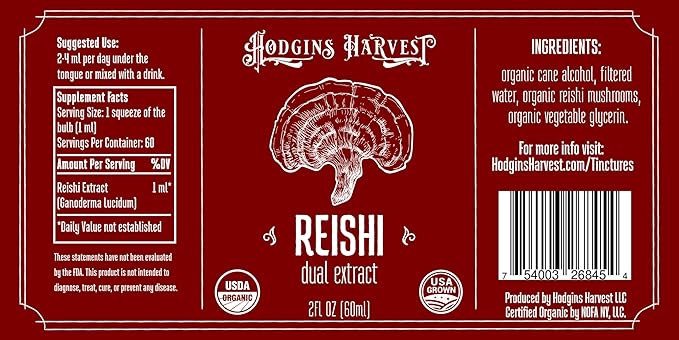 Hodgins Harvest Organic Reishi Tincture | Made with Mushrooms Grown On Our Farm in The USA | Dual Extract | Extra-Concentrated (2 fl oz)