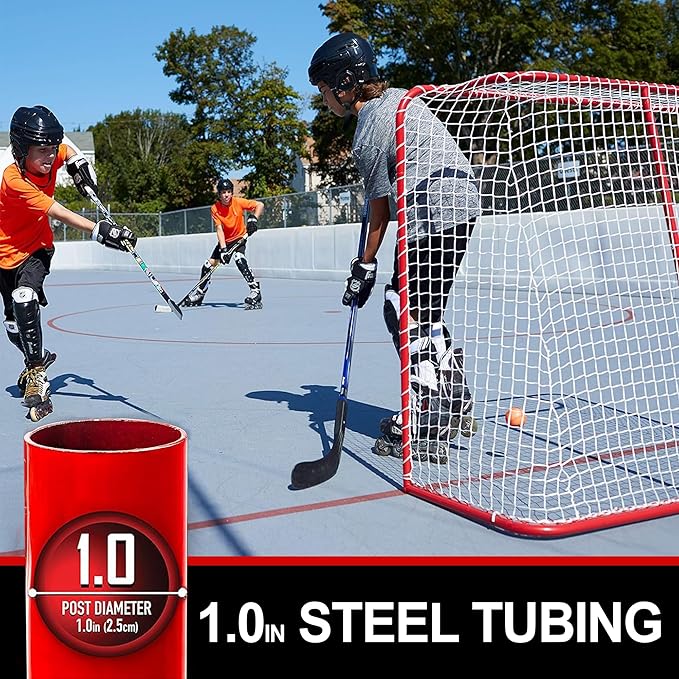 EALER Portable 54″ Steel Street & Ice Hockey Goal – Heavy-Duty 1″ Steel Frame Folding Net for Indoor & Outdoor Practice, Junior Training & Roller Hockey Equipment