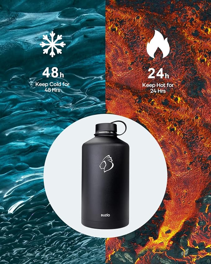 BUZIO 1 Gallon Water Jug with Straw Handle Lid, 128oz Water Bottle Stainless Steel Double Wall Hydro Jug 18/8 Food Grade Thermo Mug Keep Cold 48H & Hot 24H, Black