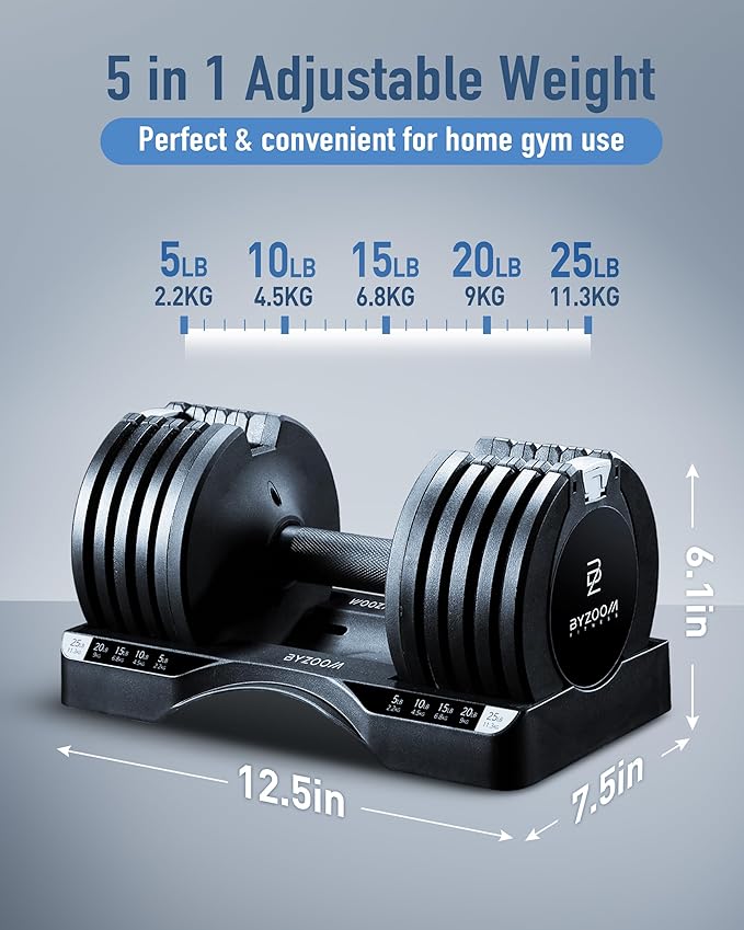 Adjustable Dumbbell – 12.5/25lb Single Unit OR Set of 2 – 5-in-1 Adjustable Weight for Home Gym, Strength Training & Fitness Workouts, White OR Black