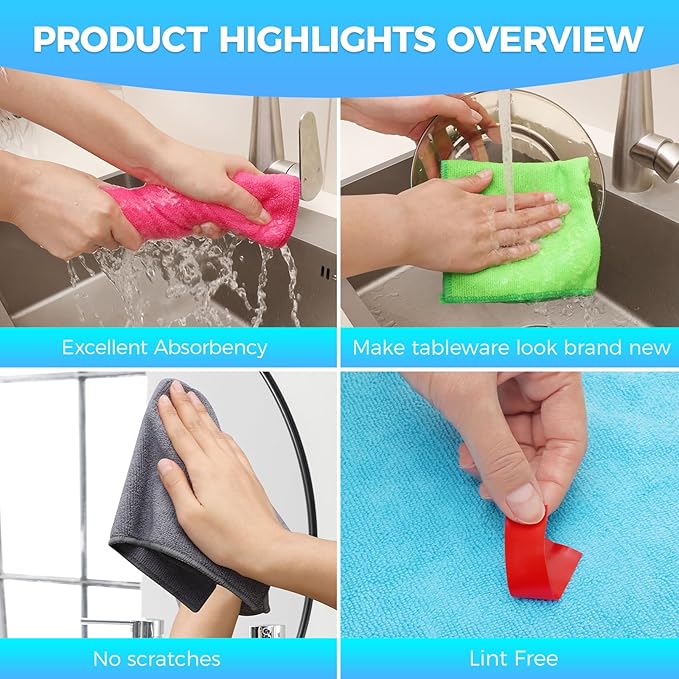 Microfiber Cleaning Cloth, Pack of 15, Lint Free, Absorbent, Streak Free, Non-Abrasive, Reusable and Washable,Cleaning Towels with 5 Color Assorted,11.5"X11.5"(Green/Blue/Yellow/Pink/Grey)