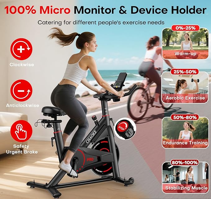 Exercise Bike, CHAOKE Quiet Magnetic Resistance 300LB Capacity Stationary Bike for Home with App Compatible, Indoor Bike with Comfortable Seat and Digital Display