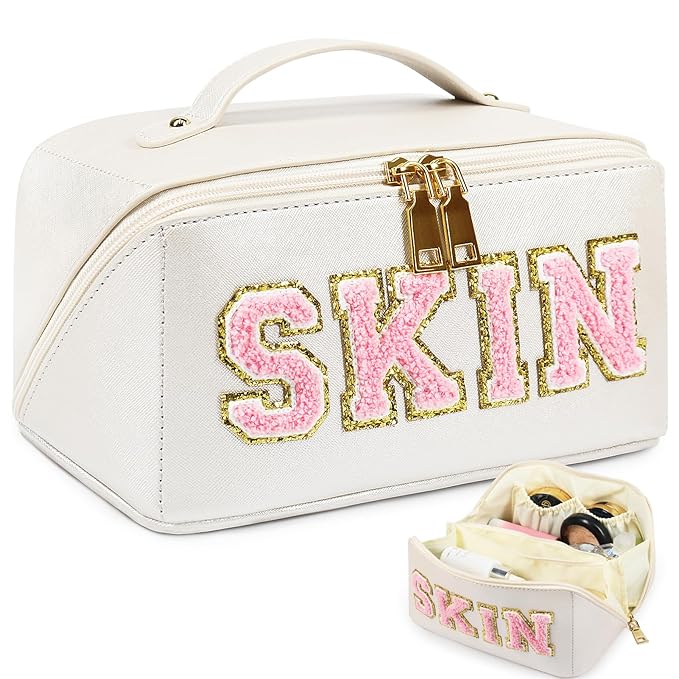 Large Capacity Travel Cosmetic Bag, Synthetic Leather Open Flat Makeup Bag for Women Letter Toiletry Bag with Dividers and Handle