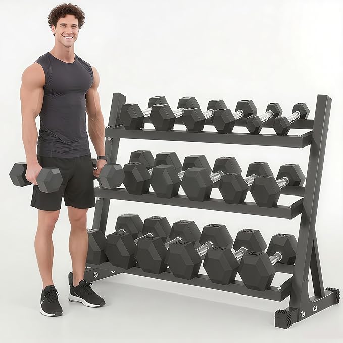 Ritafer 6-10 Pair Hex Rubber Dumbbell Set 350/450 and 550 lbsï¼?-50 lbs )Hand Free Weight for Strength Coated Encased Iron Weights with Dumbbells Storage Rack Home Gym