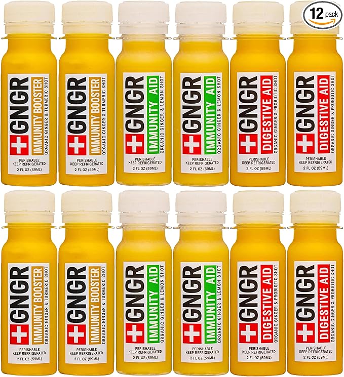 '+GNGR Immunity Sampler Organic Ginger Wellness Shots - Premium Ginger Shots for All Natural Digestive Support and Immune Support - Cold Pressed Ginger Juice - Nothing Artificial (2 Oz, Pack of 12)