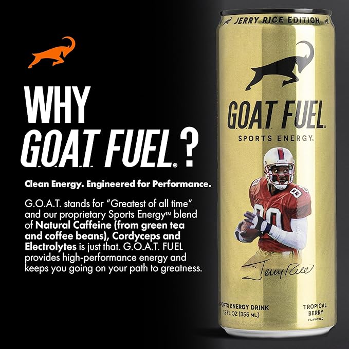 G.O.A.T. Fuel Energy Drink, Co-Founded by Jerry Rice, Natural Caffeine, Electrolytes, BCAAs, Cordyceps Mushrooms & Antioxidants, Light Carbonation Pre Workout, 12 Pack, 12 FL Oz, Tropical Berry