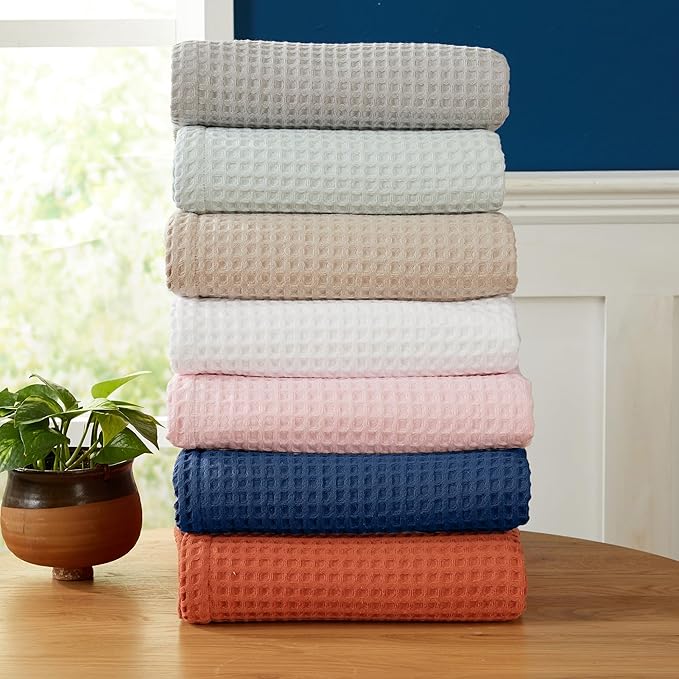 100% Cotton Waffle Weave Queen Bed Blanket | Soft, Breathable, and Lightweight Blanket for All-Seasons | Perfect for Layering | Brielle Collection (Full/Queen, Sky Blue)
