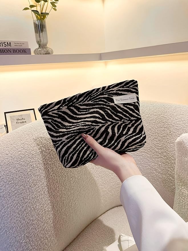 Large Floral Velvet Zebra Print Makeup Bag for Women