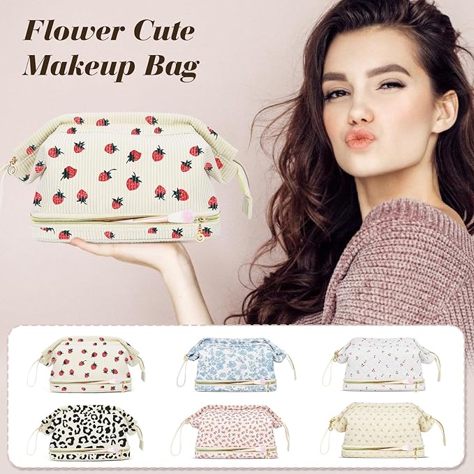 Large Makeup Bag, Quilted Cosmetic Bag, Large Floral Make Up Bag for Women, Cute Floral Skin Care Bag Double Layer Makeup Bags Flower Travel Toiletry Bag - Red Flower