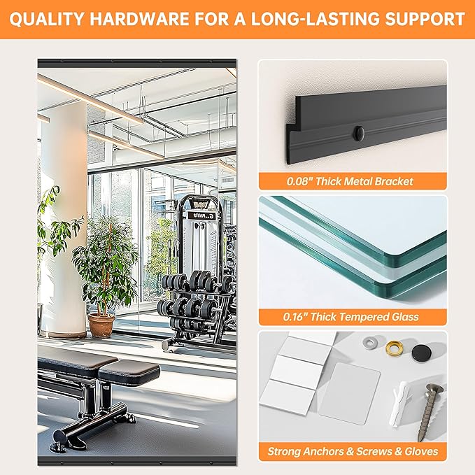 Hasipu 3 Pcs 48''x24'' Home Gym Mirror Large Full Length Wall Mounted Full Body Mirror for Yoga Dance Fitness Exercise Studio Bedroom Garage, Frameless Tempered Glass Workout Mirrors Black Rectangular