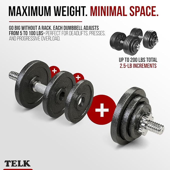 TELK – Adjustable Dumbbell Set – Home Gym Weight Set with Baked Enamel Cast Iron Plates – Space-Saving Free Weights for Strength Training