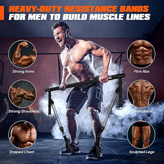 Pilates Bar Kit with Resistance Bands, Heavy Duty Pilates Equipment for Men, Strength Training Bar for Legs, Hip, Back, Arm, Abs, Chest, Shoulders, Portable Home Gym Full Body Workout Equipment