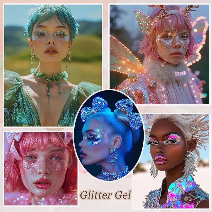 Face Body Glitter, Hair Glitter Sparkles Chunky Face Glitter Gel for Girls Makeup Singer Concerts Mermaid Festival Sequins Face Paint (White+Silver+Pink+Gold+Light Blue)