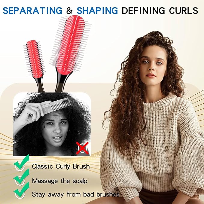 2 Packs Curly Hair Brush Set 9 Row and 5 Row for Women Men Smoothing Unbrush Detangling Curl Defining Hairbrush Un Small Mini Shower Paddle Picks Hard Bristle Detangler Wave Travel Combs Styling Tools