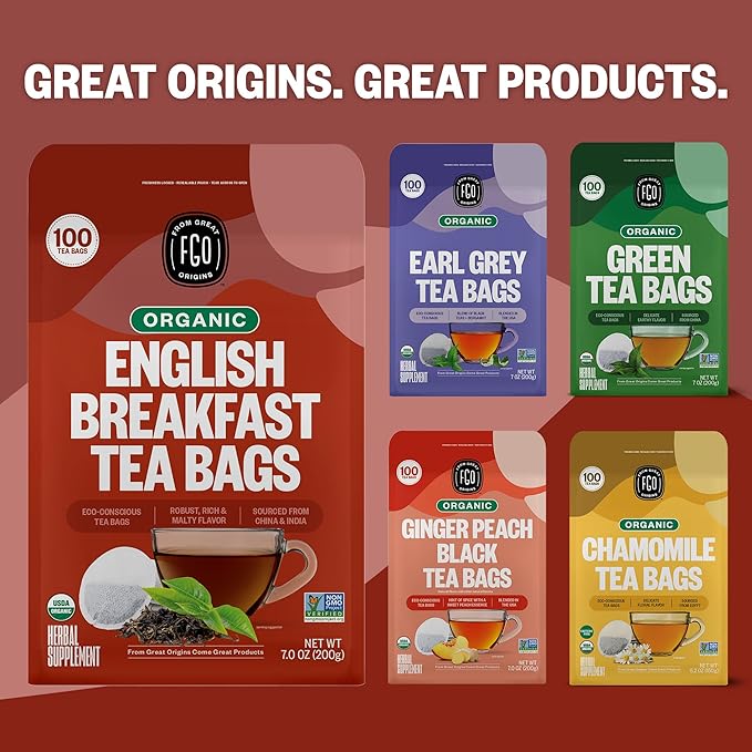 FGO Organic English Breakfast Black Tea, 100 Count, Eco-Conscious Tea Bags, Resealable Bag, Packaging May Vary (Pack of 1)
