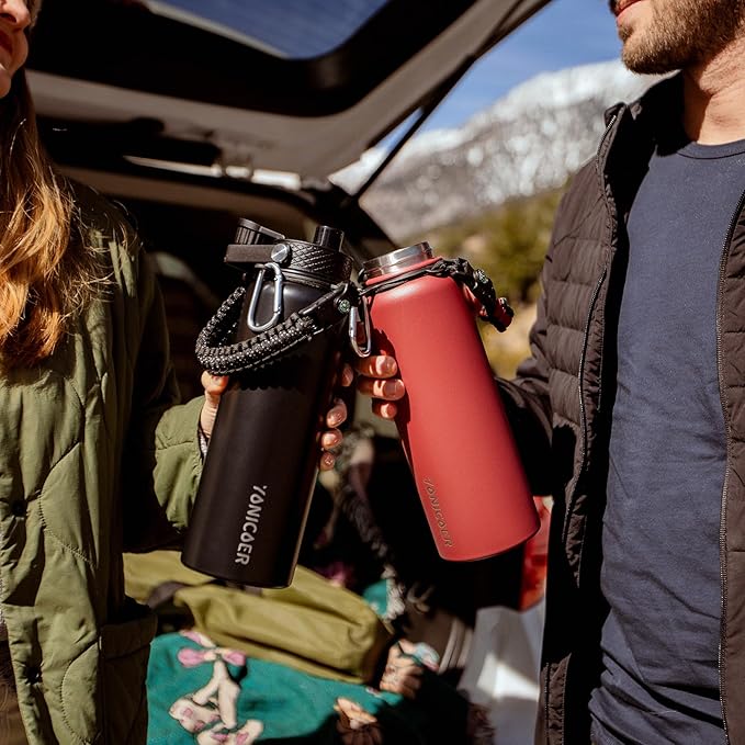 Insulated Water Bottle 64oz,Triple Wall Vacuum Stainless Steel(Dishwasher Safe),Leak Proof & Non-BPA,Flask Jug with Paracord Handle & Straw Spout Lids Sports