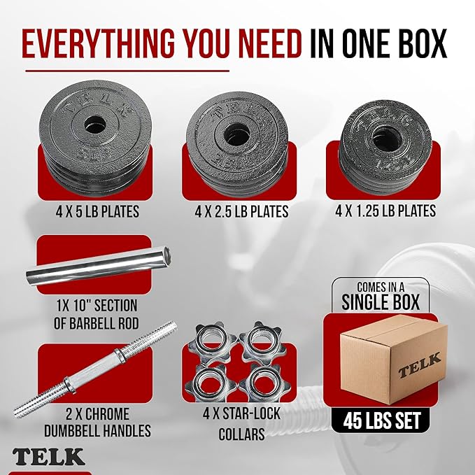 TELK – Adjustable Dumbbell Set – Home Gym Weight Set with Baked Enamel Cast Iron Plates – Space-Saving Free Weights for Strength Training