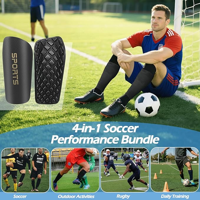 1 Pair Men's Grip Soccer Socks and 1 Pair Shin Guard Sleeves,1 Pair Sleeves with Optimized lnsert Pocket and Shin Guards