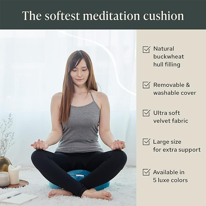 Mindful & Modern Velvet Meditation Cushion | Luxe Zafu Yoga Floor Pillow Seat | Posture Support | Buckwheat Hull Filled | Large Round Cushion with Removable Washable Cover + Carry Handle | Color Teal
