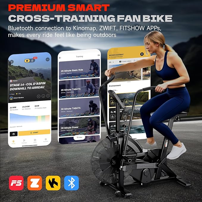Air Bike, Exercise Bike with Magnetic & Air Resistance Fan Bike, Stationary Bike for Home Cardio Workout, Adjustable Indoor Cycling Bike with APP & Dual Action Handlebars, 350lb Capacity
