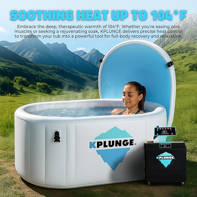 Kodiak 59" 1-Person Inflatable Cold Plunge Ice Bath or Hot Tub with 1 HP Chiller and Heater, PVC Insulated Lid, Hand Pump, Repair Kit, 110-Gallon Capacity, Indoor/Outdoor Tub β Gray
