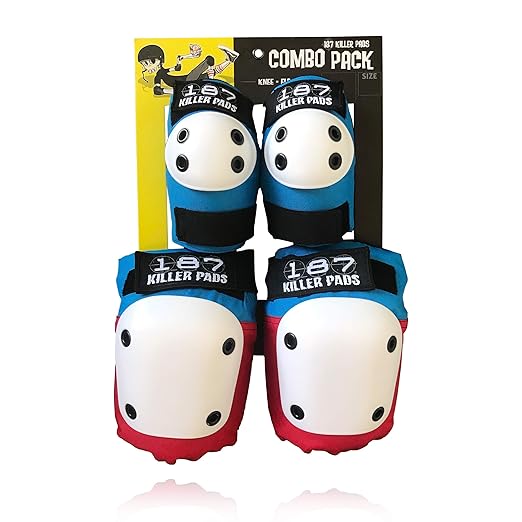 187 Killer Pads Knee Pads, Elbow Pads Combo Pack, Red/White/Blue, Large/X-Large