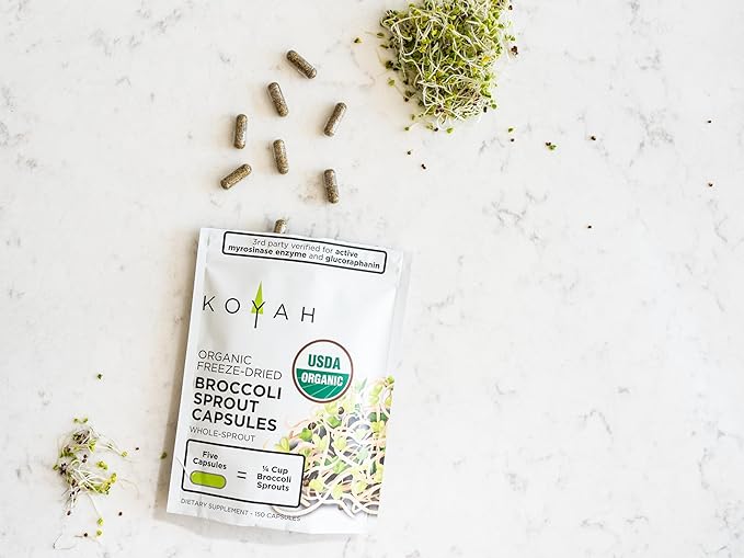 KOYAH Organic Broccoli Sprout Capsules – Freeze-Dried Whole Broccoli Sprouts – 3rd Party Tested for Active Myrosinase & Glucoraphanin (Sulforaphane Glucosinolate) - 150 Capsules